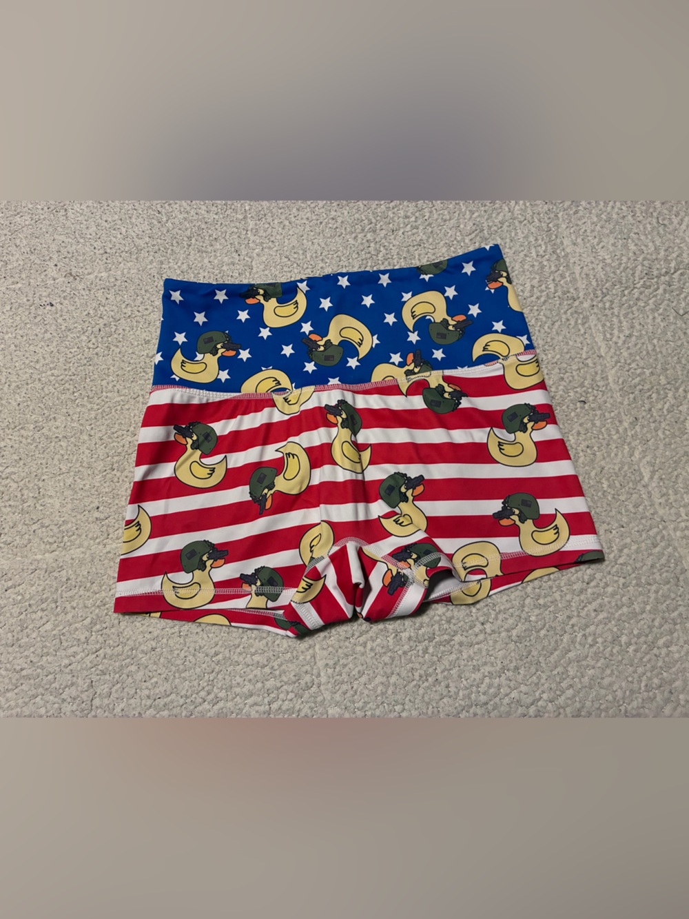 Combat Iron High-Waist Athletic Shorts in  Red, White & Blue with Duck Print, M